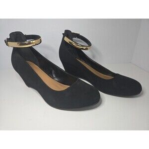 Andiamo Women’s Black Suedelike, Gold Ankle Straps Almond Toe Wedge Heel Sz 8